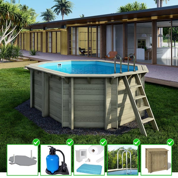 Aufstellpool mit Holzverkleidung, Leiter, Sandfilteranlage und Zubehör im Garten