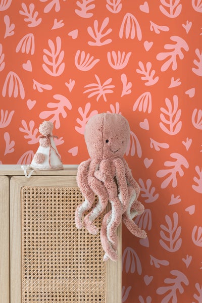 ESTAhome Tapete Pflanzen im Matisse-Stil Orange und Rosa - 50 x 900 cm - 131021