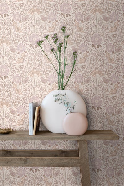 ESTAhome Tapete Blumen und Vögel Sandbeige und Violett - 53 cm x 10.05 m - 139829