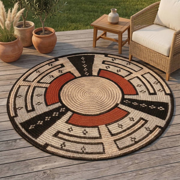 Runder Outdoor-Teppich mit geometrischem Muster auf einer Holzterrasse neben einem Korbsessel und Pflanzen in Tontöpfen.