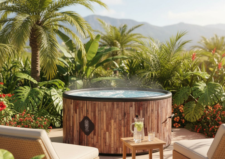 Runder aufblasbarer Whirlpool in Holzoptik in einem hellen, tropischen Garten mit Palmen und Monstera-Pflanzen.