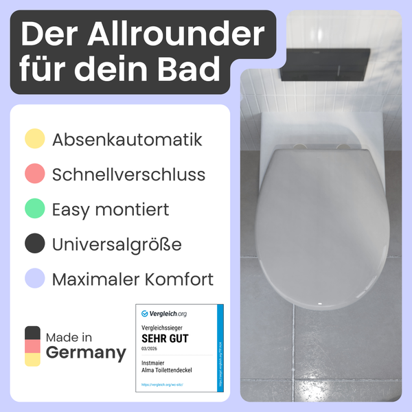 Instmaier Alma Toilettendeckel mit Absenkautomatik, Schnellverschluss, einfacher Montage, Universalgröße. Hergestellt in Deutschland, Note sehr gut.