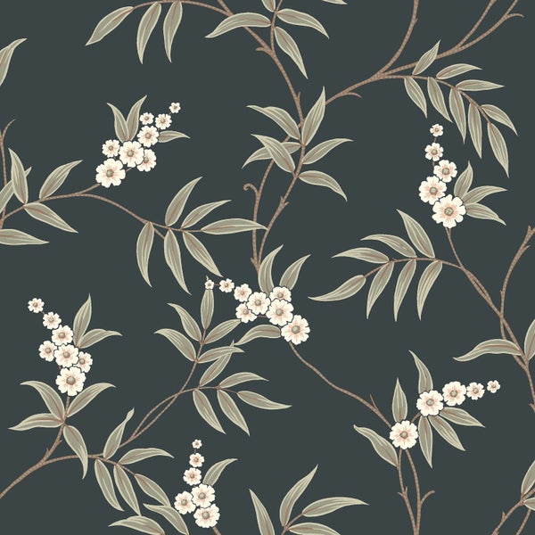 Borastapeter Tapete Blumen Dunkelblau und Grün - 53 cm x 10.05 m - 662654