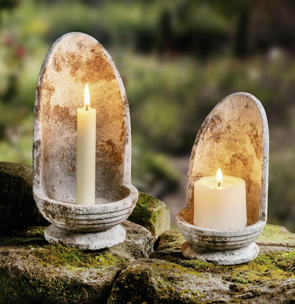 Dekoleidenschaft 2x Kerzenhalter Stone in Steinoptik, aus Steingut, Windlicht wetterfest, Kerzenständer, Gartendeko für Draußen