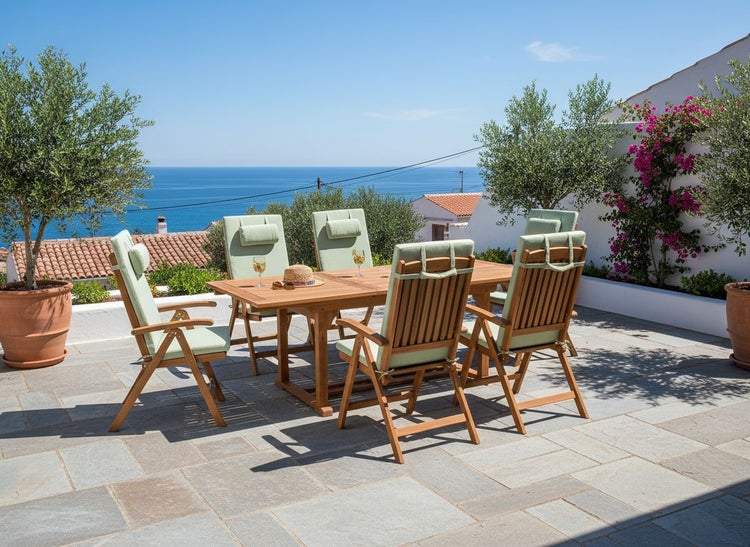 Gartenszene mit einem Holzesstisch und sechs Gartenstühlen mit Auflagen vor dem Hintergrund des Meeres.