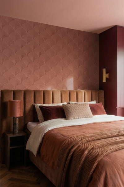 Modernes Schlafzimmer mit strukturierter Fächertapete, gepolstertem Kopfteil, geschichtetem Bettzeug, Nachttisch mit Lampe und Wandleuchte.