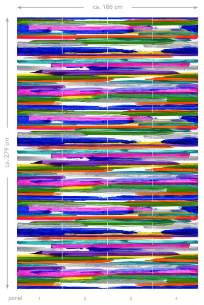Wandpaneel mit abstraktem, horizontalem Farbmuster und Größenangaben