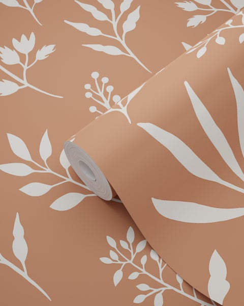 ESTAhome Tapete Blumenmuster im skandinavischen Stil Terrakotta und Weiß - 53 cm x 10.05 m - 139319