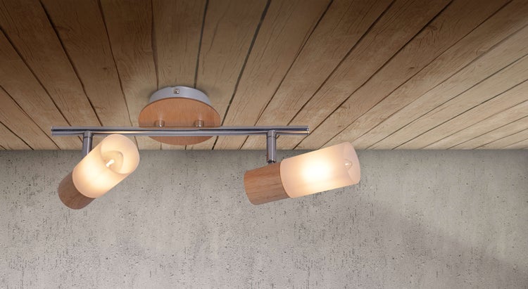 Deckenleuchte mit zwei Strahlern aus Holz und Metall