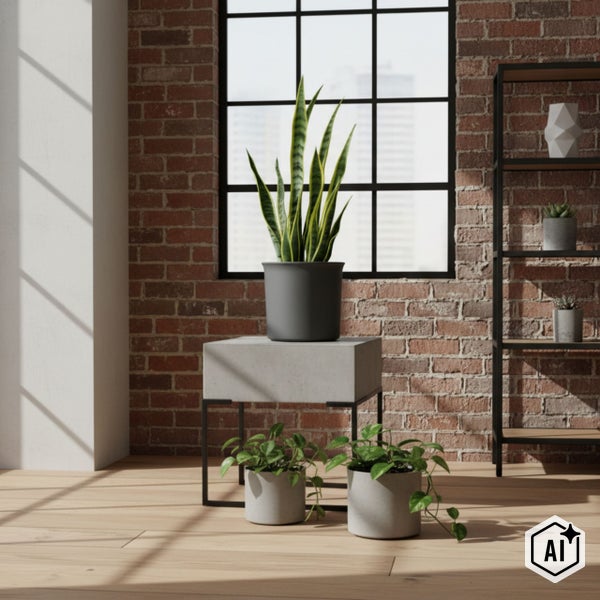 Heller Raum im Industrial-Stil mit Backsteinwand, Holzfußboden und verschiedenen Zimmerpflanzen wie Bogenhanf in grauen Töpfen.
