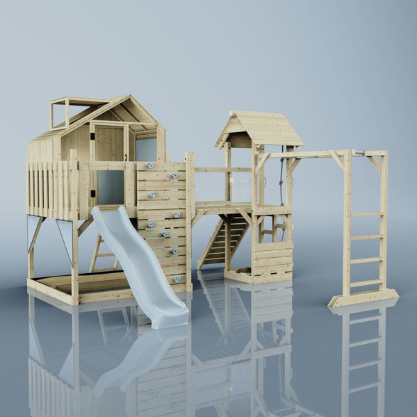 Spielplatz mit Rutsche, Kletterwand, Schaukel und Spielhaus aus Holz