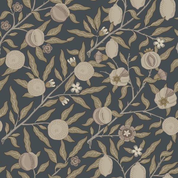 ESTAhome Tapete exotischen Früchten und Blättern Dunkelblau und Taupe - 50 x 900 cm - 131173