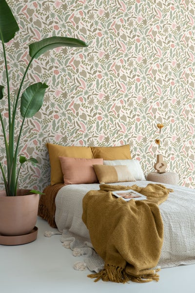 ESTAhome Tapete Blätter und Blumen Graugrün und Rosa - 50 x 900 cm - 131050