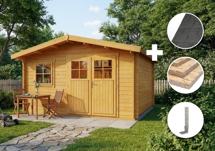 Gartenhaus aus Holz mit Doppeltür, Fenster, Dachschindeln, Dachplatten und Sturmankern im Garten.