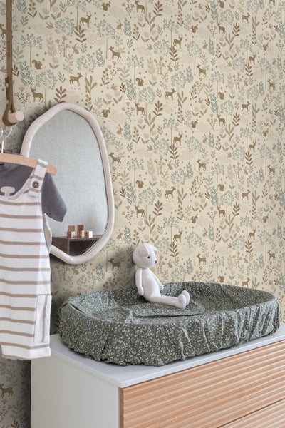 ESTAhome Tapete Wald mit Waldtieren Beige und Grün - 53 cm x 10.05 m - 131227