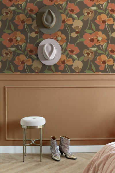 ESTAhome Tapete Blumen Orange und Graugrün - 50 x 900 cm - 130990