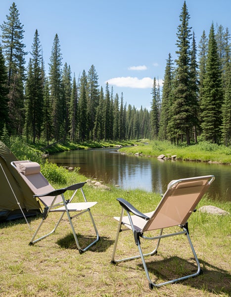 Zwei Campingstühle und ein Zelt stehen am Ufer eines Flusses, umgeben von Bäumen.