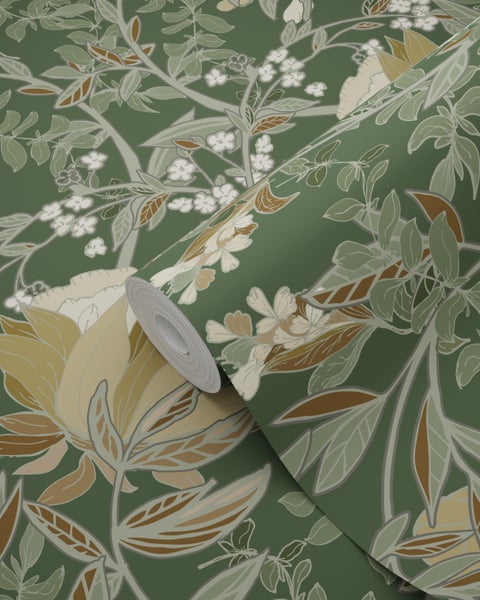 ESTAhome Tapete Blumenmuster im Jugendstil Dunkelgrün - 53 cm x 10.05 m - 139420