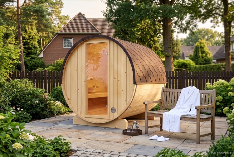 Fasssauna aus Holz im Garten mit Glasfront und Bank mit Bademantel auf einer Terrasse.