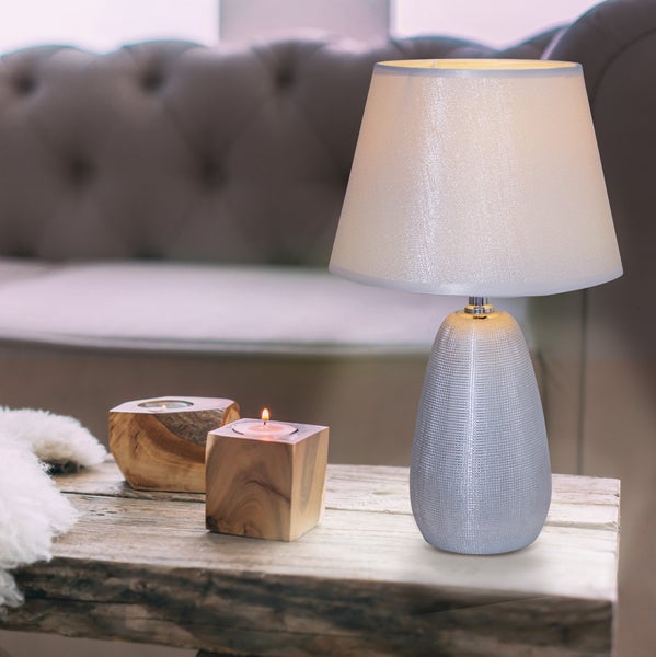 Keramik Tischleuchte h: 37cm SIMLY CERAMICS,  Tischlampe aus Keramik, silber, mit E14-Fassung, für Esszimmer, Wohnzimmer, Diele oder Büro, 31 cm hoch