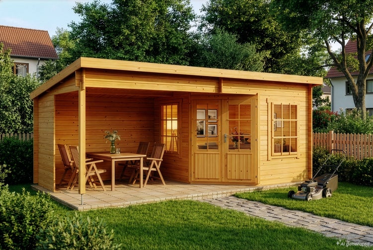 Gartenhaus aus Holz mit integrierter Überdachung, Sitzgruppe auf der Terrasse und Rasenmäher im Garten