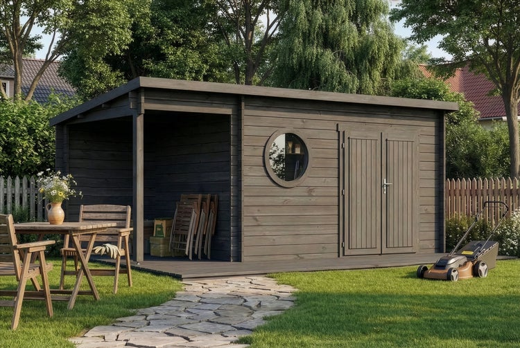 Modernes Gartenhaus aus Holz mit Pultdach, Bullauge und offenem Anbau im Garten mit Sitzgruppe, Steinweg und Rasenmäher.