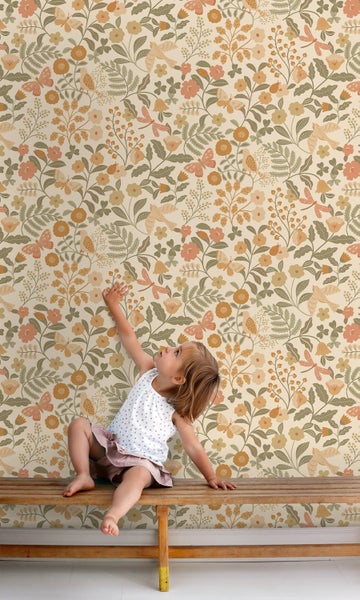 ESTAhome Tapete Blumen und Vögel Orange und Graugrün - 53 cm x 10.05 m - 131393