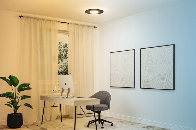 Arbeitszimmer mit Schreibtisch, Bürostuhl, Zimmerpflanze, Deckenspot und Fenster