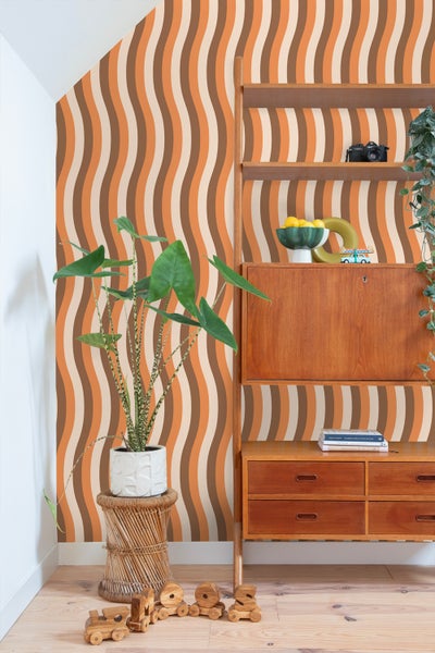 ESTAhome Tapete wellenförmige Streifen Orange und Braun - 50 x 900 cm - 131612