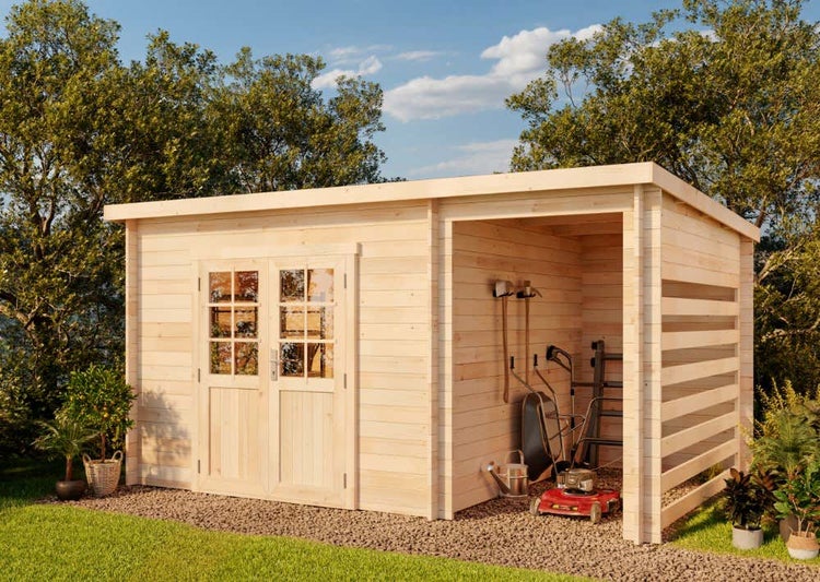 Alpholz Pultdach Gartenhaus Maria-28 Compact Gartenhaus aus Holz, Holzhaus mit 28 mm Wandstärke inklusive Schleppdach, Blockbohlenhaus mit Montagematerial, Naturbelassen 4,5x3m