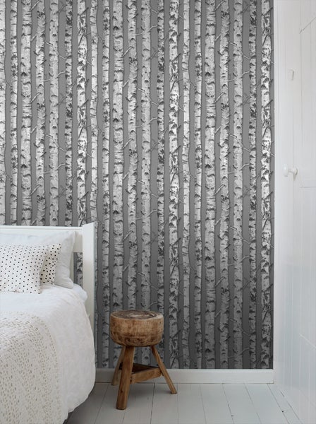 ESTAhome Tapete Birkenstämme Taupe Grau und Hellgrau - 53 cm x 10.05 m - 138892
