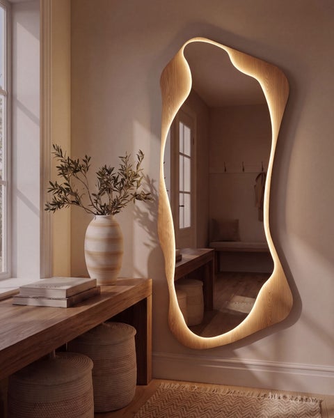 Organisch geformter Wandspiegel mit integrierter LED Beleuchtung und Holzrahmen in einem eleganten Wohnbereich mit Holzkonsole und Vase.