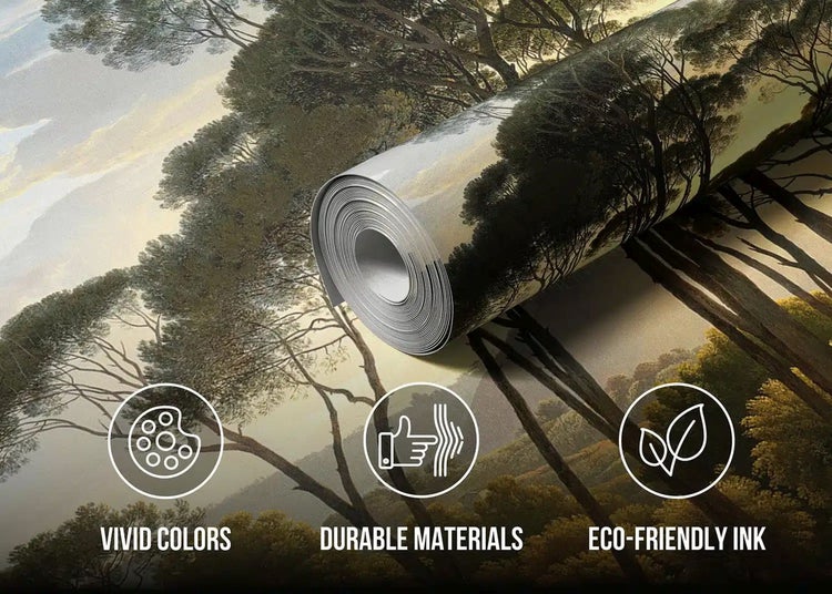 Tapetenrolle mit Waldlandschaft, Symbole für lebendige Farben, langlebige Materialien und umweltfreundliche Tinte.
