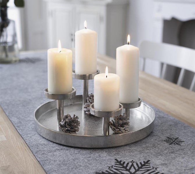 Dekoleidenschaft Kerzenhalter Tablett aus Aluminium in Antik Optik, silber, Adventskranz Ø 32 cm, Kerzentablett für 4 Kerzen