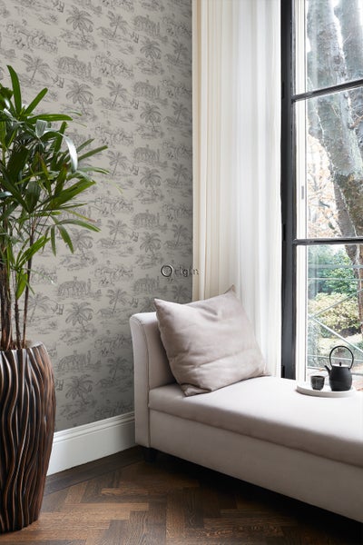 Origin Wallcoverings Tapete Dschungeltiere Kieselgrau - 53 cm x 10.05 m - 347443