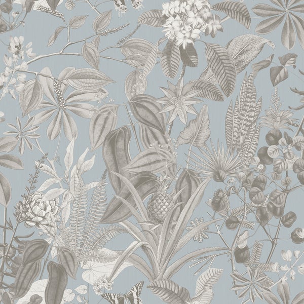Sanders und Sanders Tapete tropische Blätter und Blüten Graublau - 53 cm x 10 m - 640243