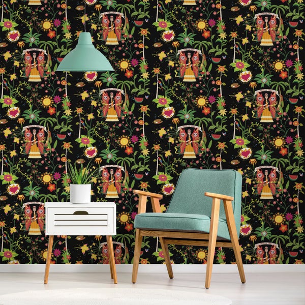 Walls4You Tapete tropische Blätter und Blüten Schwarz und Mehrfarbig - 53 cm x 10 m - 640127