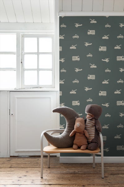 ESTAhome Tapete Autos, Löschfahrzeuge, Hubschrauber und Kräne Dunkelgrün - 53 cm x 10.05 m - 131400