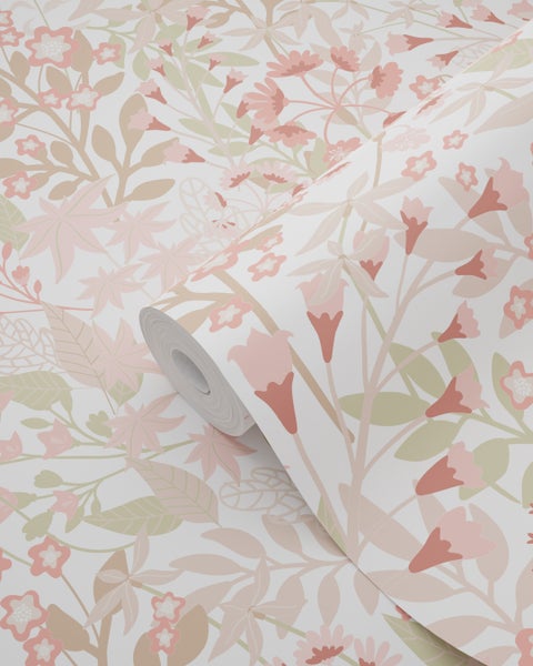 ESTAhome Tapete Feldblumen Graugrün und Rosa - 50 x 900 cm - 131348