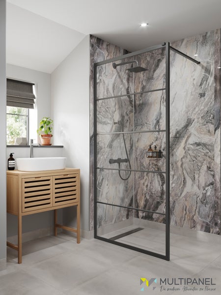 Paneel, Wandverkleidung MDF-Kern – wasserresistent, für Bad Dusche Feuchtraum, natürlicher Steinoptik, Dekor Cappuccino Stone, multiPANEL Wandpaneel 2400 mm x 1200 mm x 11 mm,