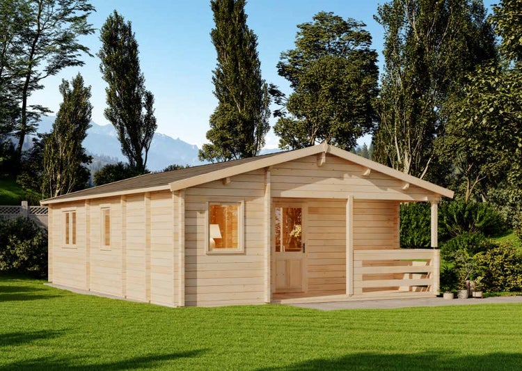 Alpholz Garten-und Freizeithaus Almeria Blockhaus aus Holz in natur, Holzhaus mit 68 mm Wandstärke inklusive Terrasse, Blockbohlenhaus mit Montagematerial imprägniert 6,3x9,2m