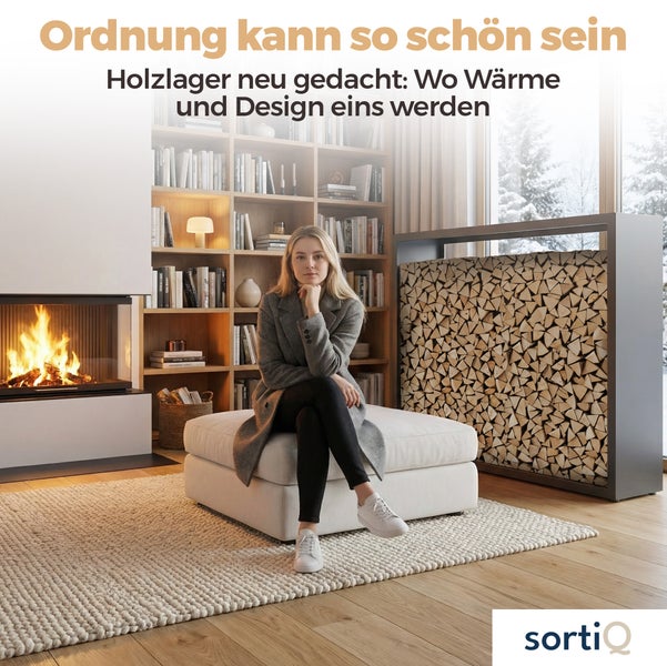 Modernes Wohnzimmer mit Kamin, Bücherregal, Holzregal und einer Frau auf einem Hocker