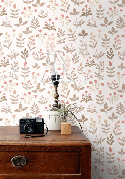 ESTAhome Tapete Feldblumen Graugrün, Hellrosa und Rot - 50 x 900 cm - 131093