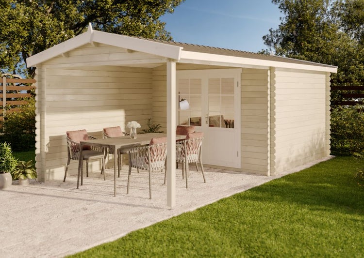 Alpholz Gartenhaus Ruben-28 Gartenhaus aus Holz in Pinie, Holzhaus mit 28 mm Wandstärke inklusive Terrasse, Blockbohlenhaus mit Montagematerial imprägniert 6x3,1m