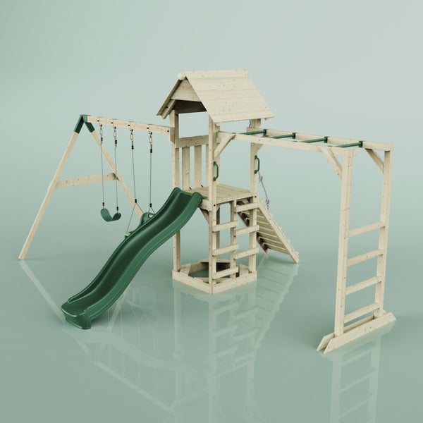 Spielturm aus Holz mit Schaukel, Rutsche und Klettergerüst