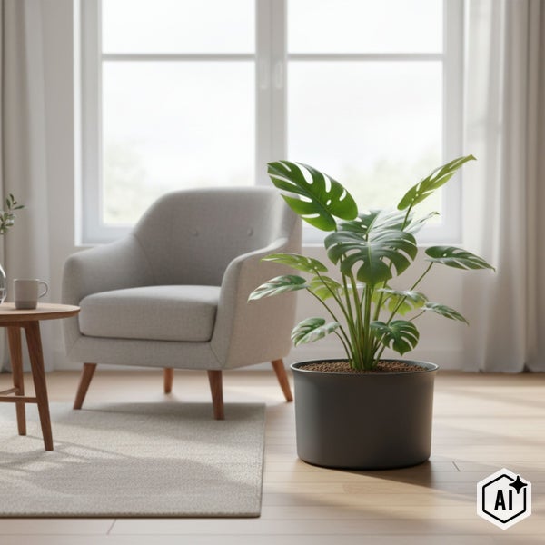 Monstera Pflanze im dunkelgrauen Übertopf in einem hellen Wohnzimmer mit grauem Sessel, Holzbeistelltisch und großem Fenster.