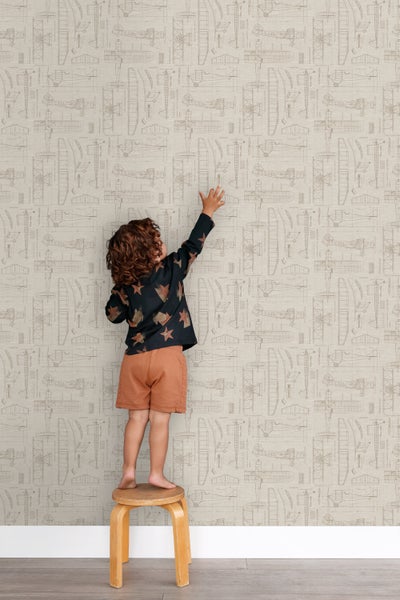 ESTAhome Tapete Kontruktionszeichnungen von Flugzeugen Beige und Sandbraun - 50 x 900 cm - 139959