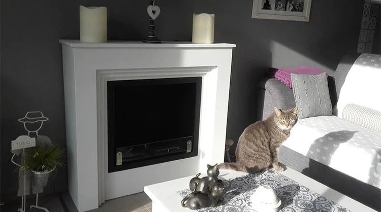 Wohnzimmer mit Kaminattrappe, Couch und Katze