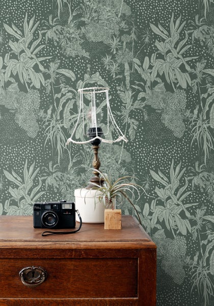 ESTAhome Tapete tropische Blätter Graugrün - 50 x 900 cm - 139887