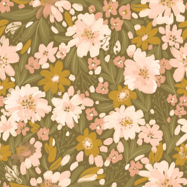 ESTAhome Tapete Blumen Olivgrün, Hellrosa und Senfgelb - 50 x 900 cm - 130927